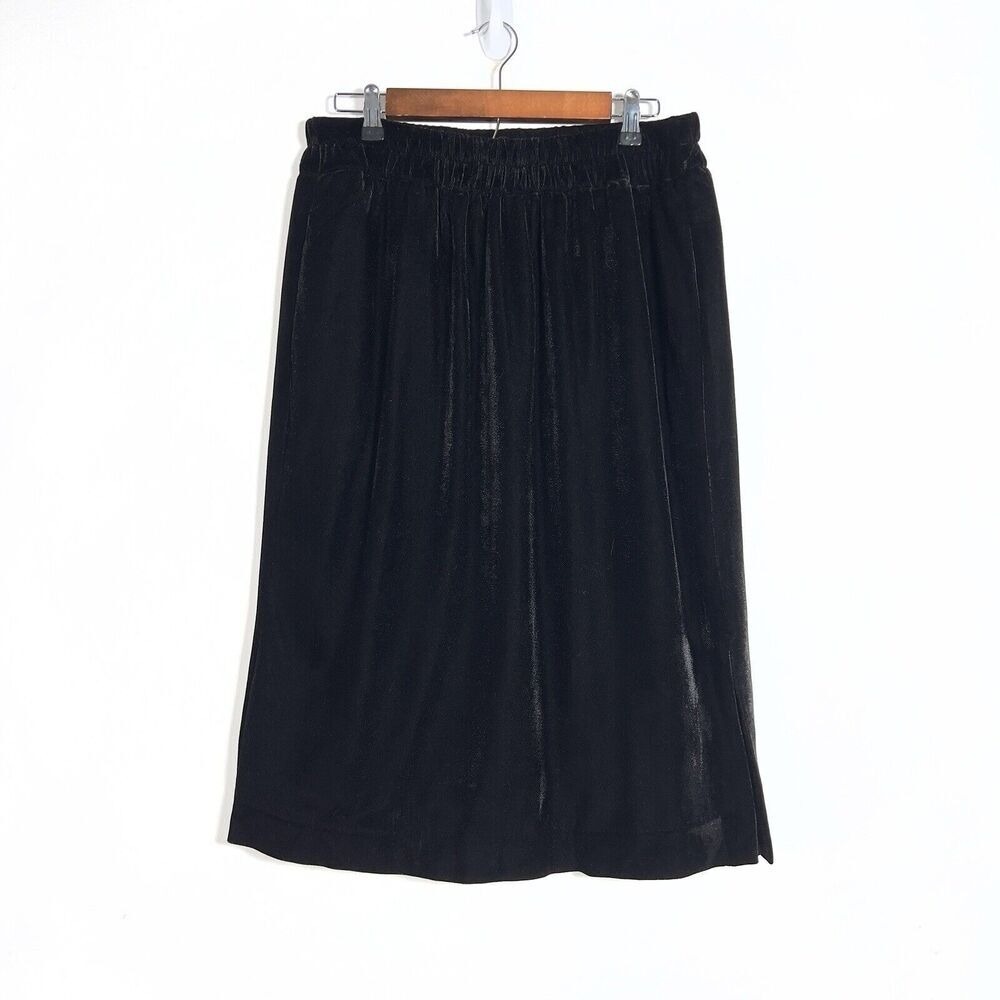 J.CREW Velvet Pull On Midi Skirt Womens Sz M Black‎ Left Side Slit Elastic Waist